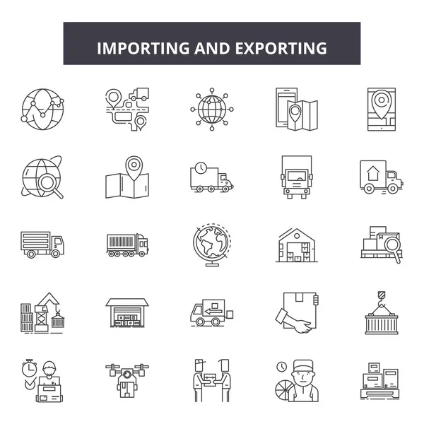 Importação e exportação de ícones de linha, sinais, conjunto de vetores, conceito linear, ilustração esboço — Vetor de Stock