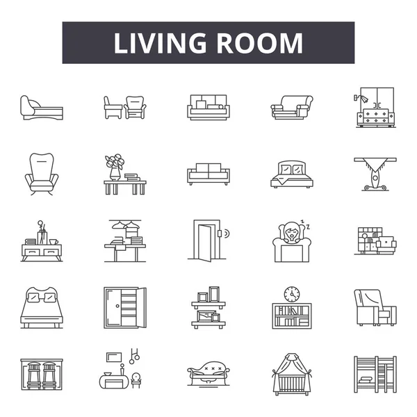 Ikony v obývacím pokoji, značky, vektorová sada, lineární koncepce, obrysová ilustrace — Stockový vektor
