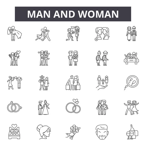 Erkek ve kadın çizgi simgeleri, işaretler, vektör seti, doğrusal kavram, anahat illüstrasyon — Stok Vektör