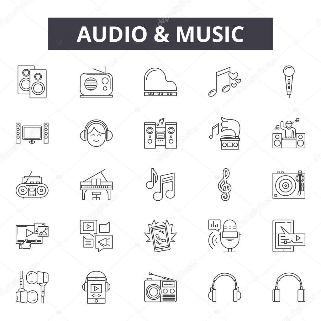 Audio and music line icons, signs, vector set, linear concept, outline illustration