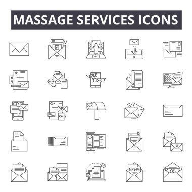 Masaj hizmetleri kavram çizgi simgeleri, işaretler, vektör seti, doğrusal kavram, anahat illüstrasyon