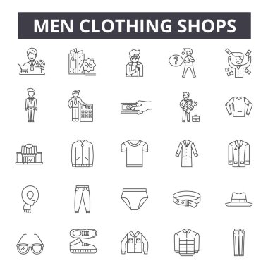 Erkek giyim mağazaları çizgi simgeleri, işaretler, vektör seti, doğrusal kavram, anahat illüstrasyon