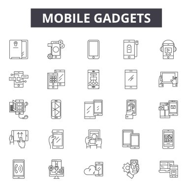 Mobil gadget'lar satır simgeleri, işaretler, vektör seti, doğrusal kavram, anahat çizim