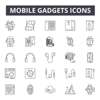 Mobil gadget'lar kavram çizgisi simgeleri, işaretler, vektör seti, doğrusal kavram, anahat illüstrasyon