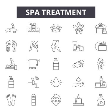 Spa tedavi hattı simgeleri, işaretler, vektör seti, doğrusal kavram, anahat illüstrasyon