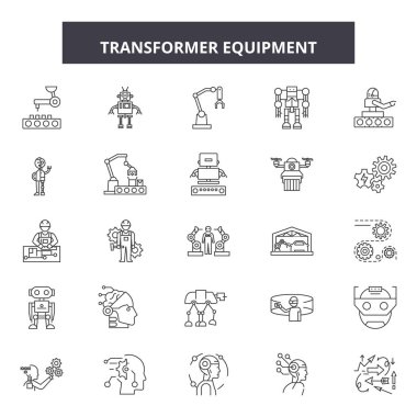 Transformatör donanım ı simgeleri, işaretler, vektör seti, doğrusal kavram, anahat çizimi