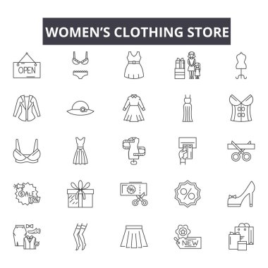Kadınların giyim mağazası simgeleri, tabelaları, vektör seti, doğrusal konsept, taslak illüstrasyon