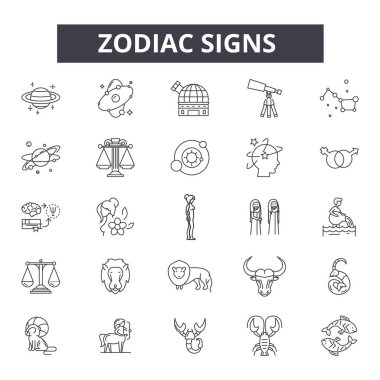 Zodiac işaret çizgisi simgeleri, işaretler, vektör kümesi, doğrusal konsept, taslak illüstrasyon