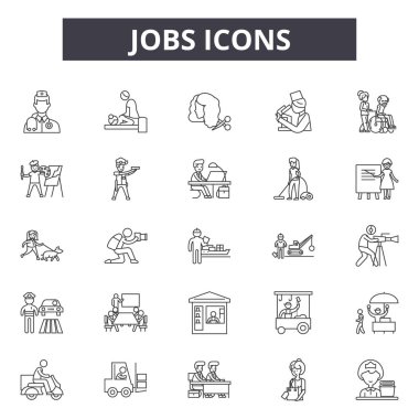 İşler satırı simgeleri, işaretler, vektör seti, doğrusal kavram, anahat çizimi