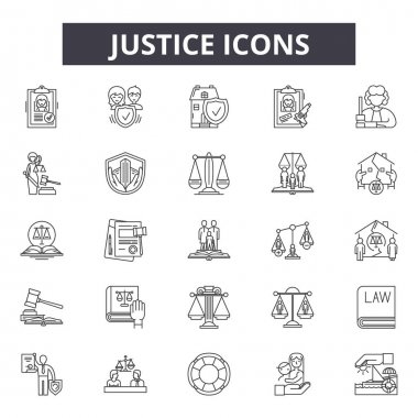 Adalet çizgi simgeleri, işaretler, vektör seti, doğrusal kavram, anahat illüstrasyon