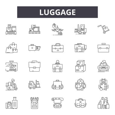 Bagaj çizgisi simgeleri, işaretler, vektör seti, doğrusal kavram, anahat çizimi