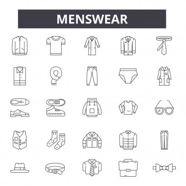 Erkek giyim çizgi simgeleri, işaretler, vektör seti, doğrusal kavram, anahat illüstrasyon