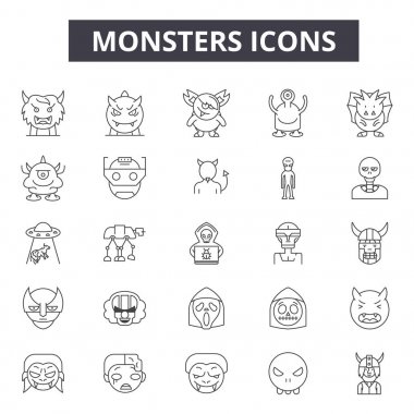 Canavarlar çizgi simgeleri, işaretler, vektör seti, doğrusal kavram, anahat illüstrasyon