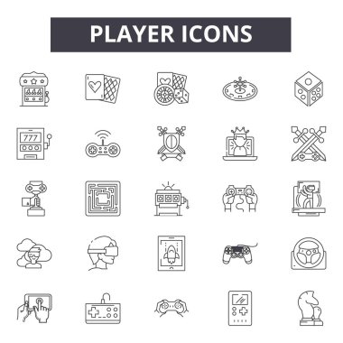 Oyuncu çizgi simgeleri, işaretler, vektör seti, doğrusal kavram, anahat çizimi