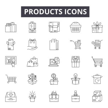 Ürünler çizgi simgeleri, işaretler, vektör seti, doğrusal kavram, anahat illüstrasyon