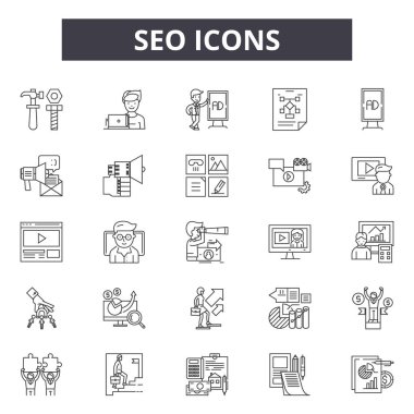 Seo çizgi simgeleri, işaretler, vektör seti, doğrusal kavram, anahat illüstrasyon