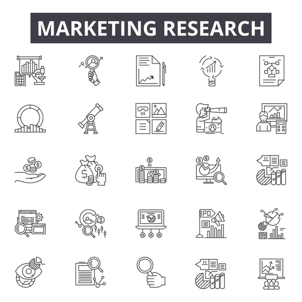Iconos de línea de investigación de marketing, signos, conjunto de vectores, concepto lineal, ilustración de esquema — Vector de stock