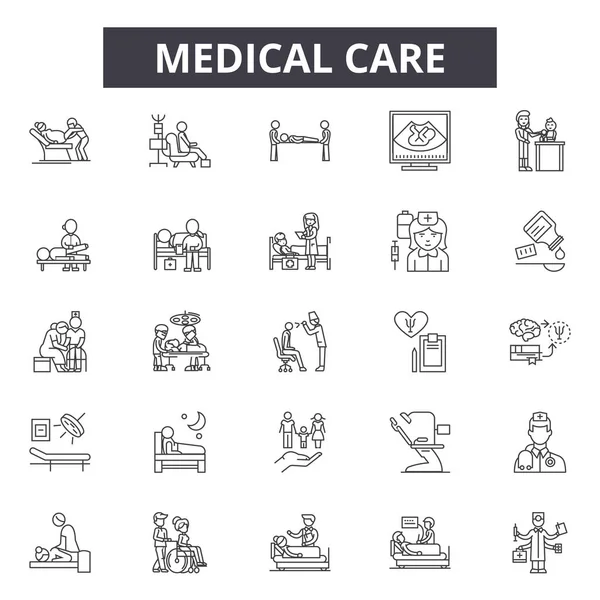 Εικονίδια γραμμής ιατρικής φροντίδας, πινακίδες, σύνολο διανύσματος, γραμμική έννοια, απεικόνιση περιγράμματος — Διανυσματικό Αρχείο