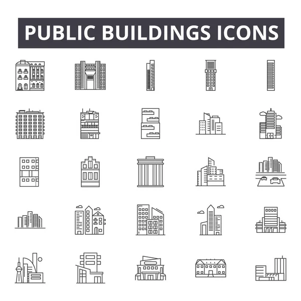 Veřejné budovy ikony, nápisy, vektorovou sadu, lineární koncept, obrys ilustrace — Stockový vektor