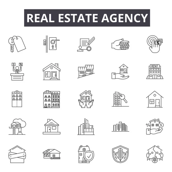 Iconos de línea de agencia inmobiliaria, signos, conjunto de vectores, concepto lineal, ilustración de esquema — Vector de stock