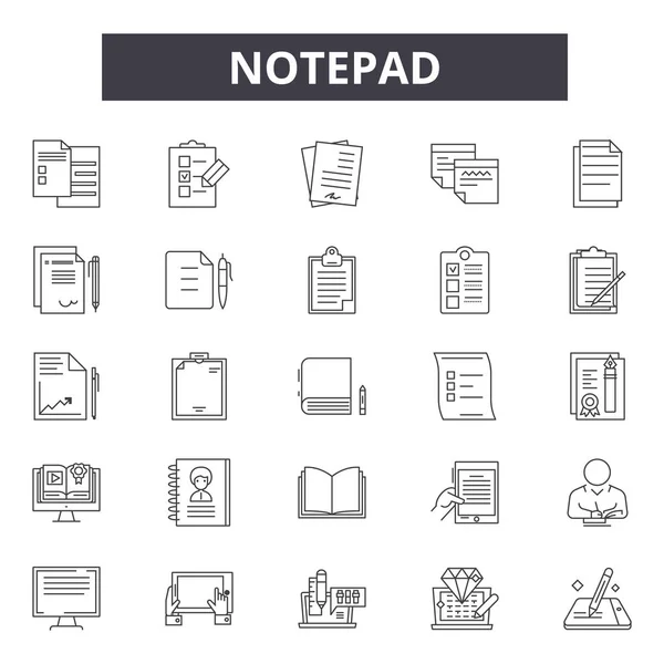 Iconos de línea del bloc de notas, signos, conjunto de vectores, concepto lineal, ilustración del contorno — Vector de stock