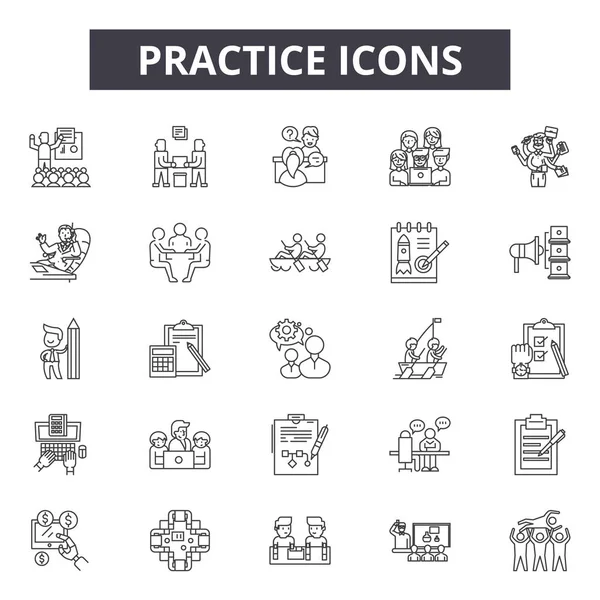 Iconos de línea de práctica, signos, conjunto de vectores, concepto lineal, ilustración de contorno — Vector de stock