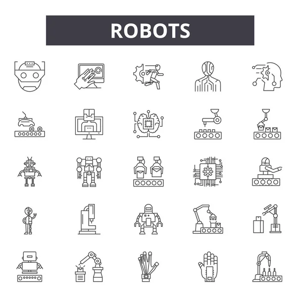 Robots iconos de línea, signos, conjunto de vectores, concepto lineal, esquema ilustración — Vector de stock