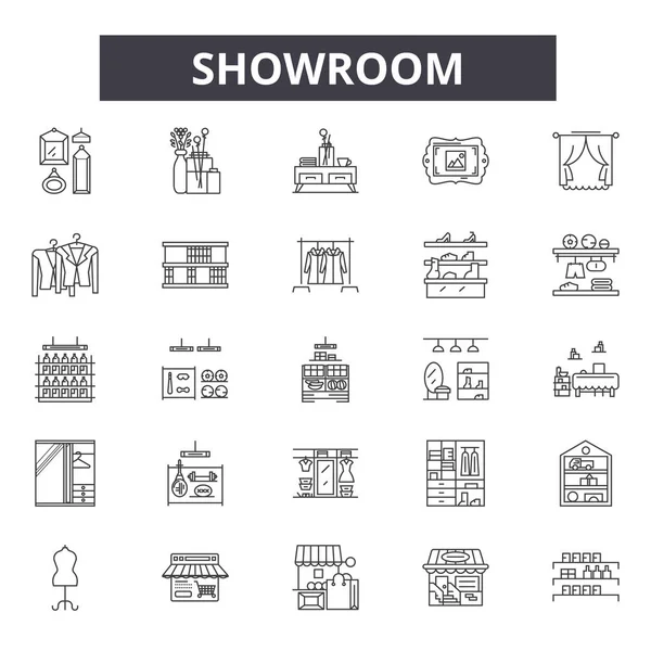 Icone della linea dello showroom, segni, insieme vettoriale, concetto lineare, illustrazione del contorno — Vettoriale Stock