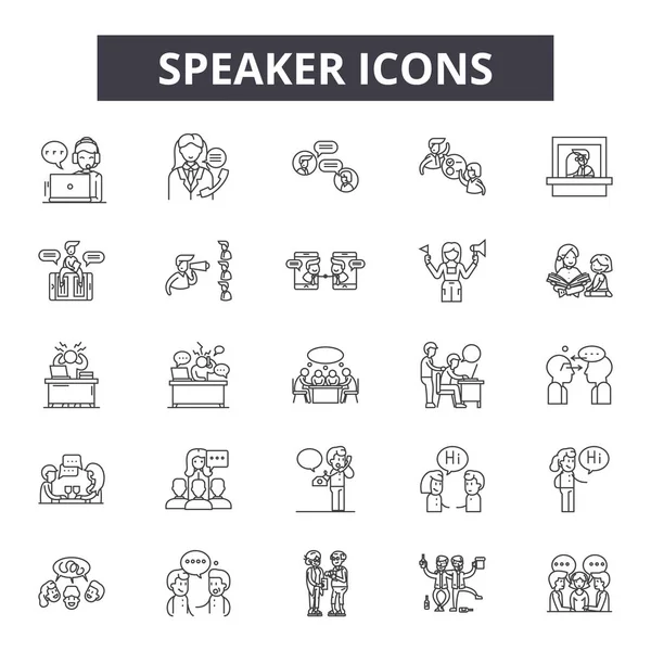 Iconos de línea de altavoz, signos, conjunto de vectores, concepto lineal, ilustración de contorno — Vector de stock