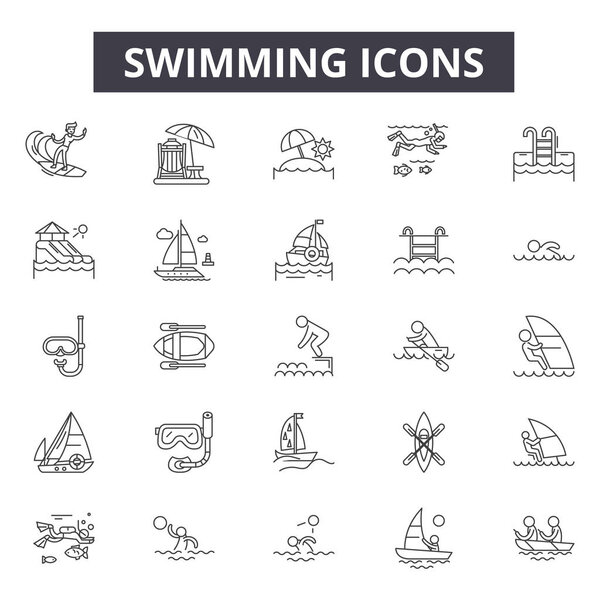 Иконки плавательных линий, знаки, векторный набор, линейная концепция, набросок иллюстрации

