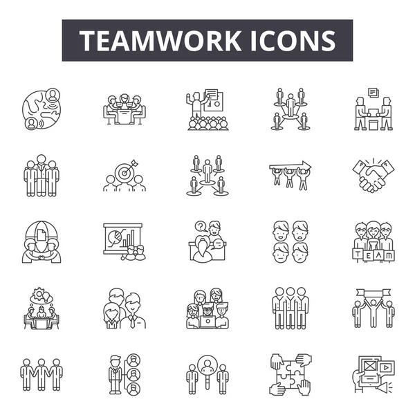 Takım çalışması çizgi simgeleri, işaretler, vektör seti, doğrusal kavram, anahat çizimi