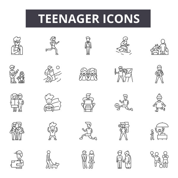Иконки линий подростков, знаки, векторный набор, линейная концепция, наброски иллюстраций
