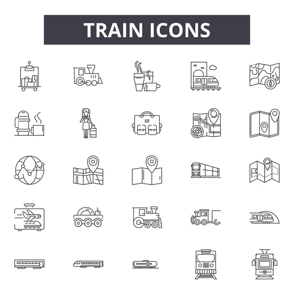 Iconos de línea de tren, signos, conjunto de vectores, concepto lineal, esquema ilustración — Vector de stock