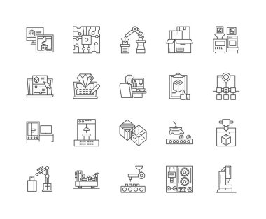 3d baskı hattı simgeleri, işaretler, vektör seti, anahat illüstrasyon kavramı 