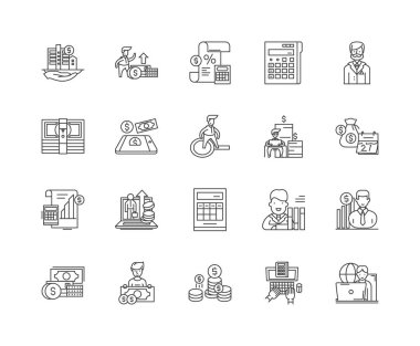 Muhasebeciler satır simgeleri, işaretler, vektör seti, anahat illüstrasyon kavramı 