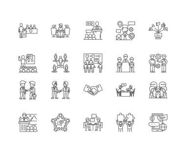 Affiliate pazarlama satırı simgeleri, işaretler, vektör seti, anahat illüstrasyon kavramı 