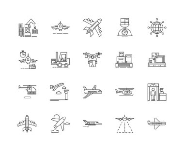 Hava taşımacılığı hattı simgeleri, işaretler, vektör seti, anahat illüstrasyon kavramı 