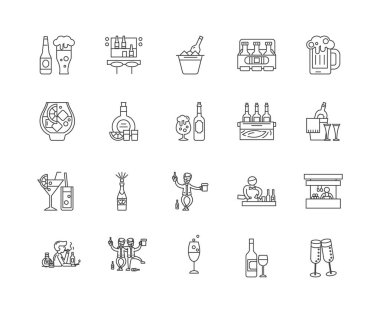 Alkol çizgi simgeleri, işaretler, vektör seti, anahat illüstrasyon kavramı 