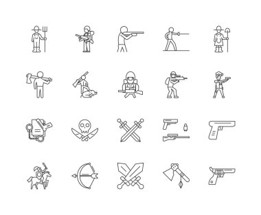 Silahlı kuvvet çizgisi simgeleri, işaretler, vektör seti, anahat illüstrasyon kavramı 