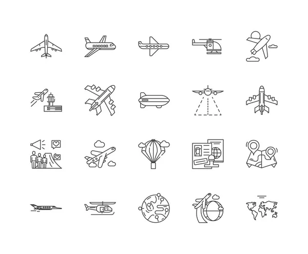 Luftfahrtindustrie Linie Symbole, Zeichen, Vektor-Set, umreißen Illustrationskonzept — Stockvektor