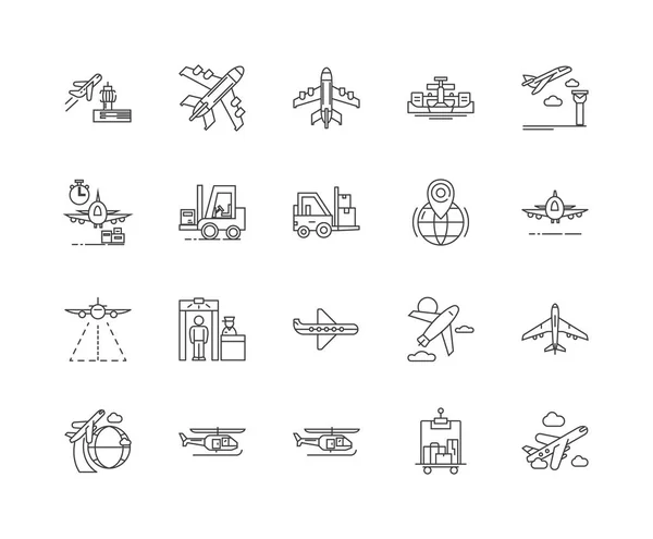 Icone della linea dell'aeroporto, segni, insieme del vettore, concetto di illustrazione del contorno — Vettoriale Stock