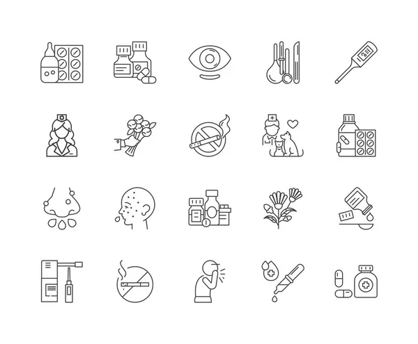 Iconos de línea de alergia, signos, conjunto de vectores, esquema concepto de ilustración — Vector de stock