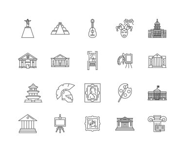 Sanat galerisi çizgi simgeleri, işaretler, vektör seti, anahat illüstrasyon kavramı 