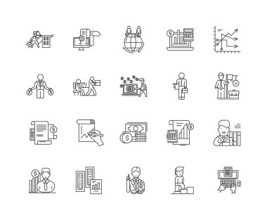 Denetim ve denetçiler çizgi simgeleri, işaretler, vektör seti, anahat illüstrasyon kavramı 