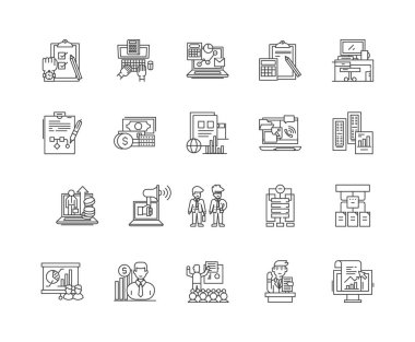 Denetçiler satır simgeleri, işaretler, vektör seti, anahat illüstrasyon kavramı 