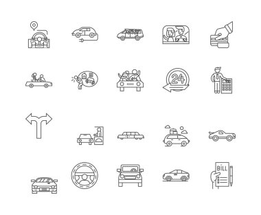 Otomatik kiralama hattı simgeleri, işaretler, vektör seti, anahat illüstrasyon kavramı 