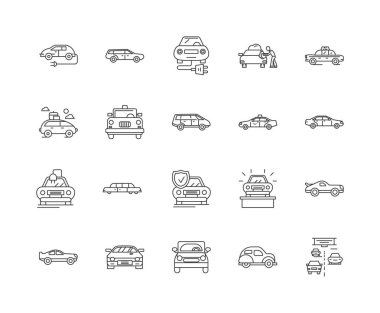 Otomobil çizgi simgeleri, işaretler, vektör seti, anahat illüstrasyon kavramı 