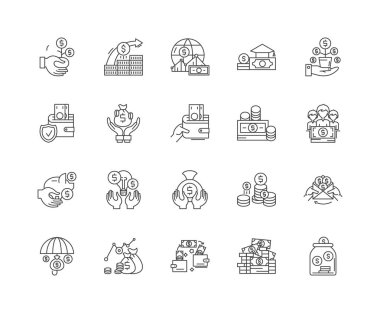 Bankacı çizgi simgeleri, işaretler, vektör seti, anahat illüstrasyon kavramı 