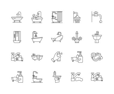 Banyo çizgisi simgeleri, işaretler, vektör seti, anahat illüstrasyon kavramı 