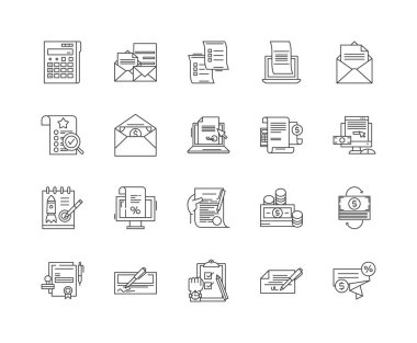 Faturalama satırı simgeleri, işaretler, vektör seti, anahat çizim i 